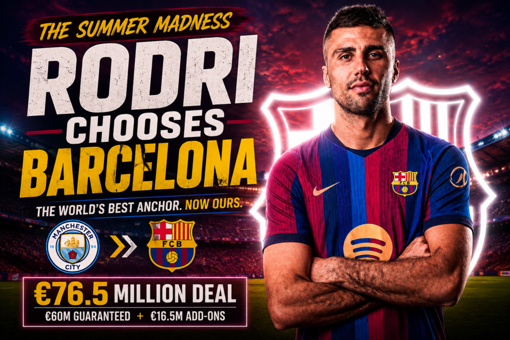 Rodri Barcelona celebrating transfer to Barcelona holding club jersey at Camp Nou