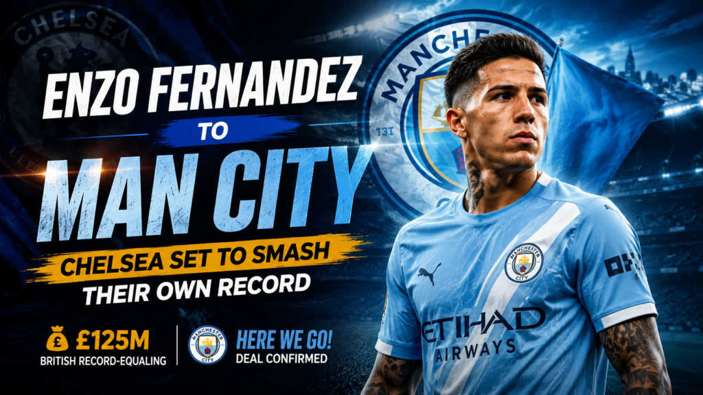 : Enzo Fernandez to Man City transfer graphic featuring the midfielder in Chelsea kit