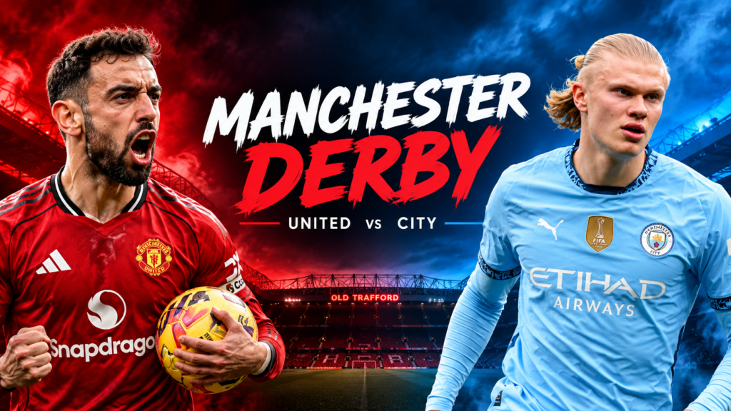 Manchester United vs Manchester City preview graphic featuring Bruno Fernandes and Erling Haaland