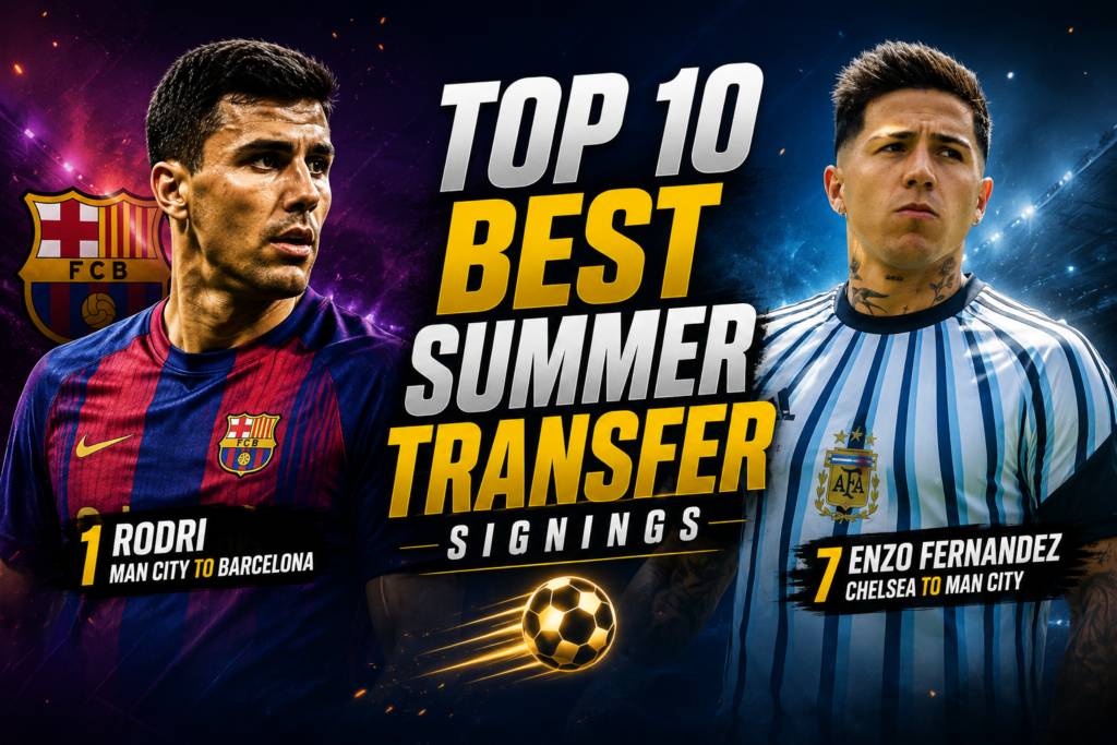 Summer transfer graphic ranking the top 10 best signings including Rodri, Cucurella, and Martinez