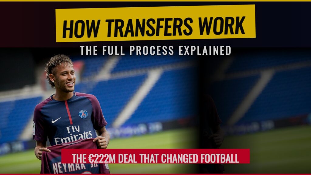 Neymar smiling and holding his Neymar Jr PSG shirt at his 2017 unveiling under the headline How Transfers Work, the full process explained, the 222 million euro deal that changed football
